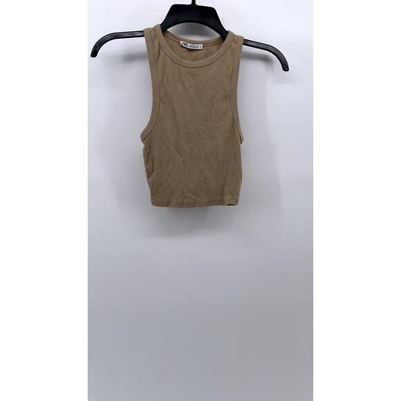 ZARA Women's Tan Rib Knit Casual Crewneck Sleeveless Cropped Top SZ S - Picture 2 of 11